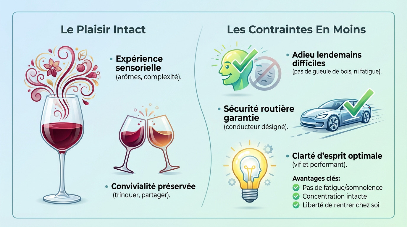 Infographie illustrant le plaisir sensoriel et les bénéfices santé du vin sans alcool